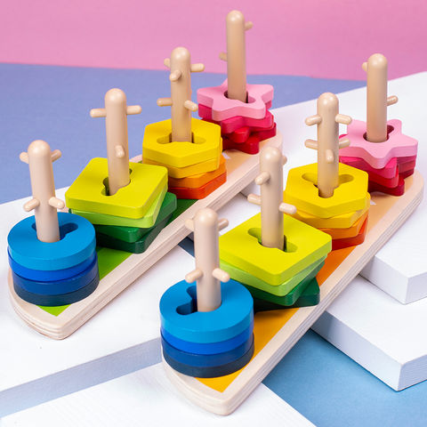 Montessori Wooden Geometric Shape Building Blocks Colorful Puzzle Board ...