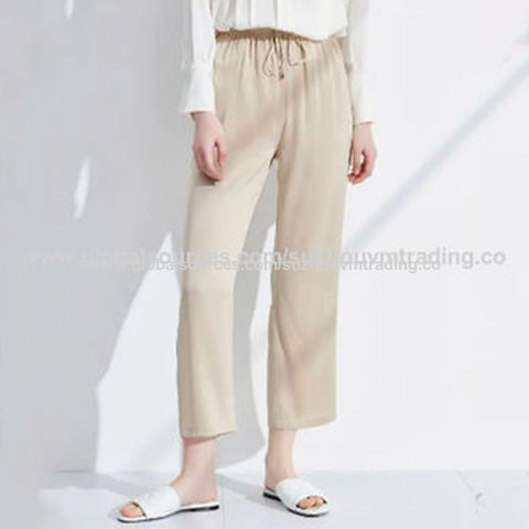Calças femininas de verão perna larga calças soltas cintura alta elegante  cor sólida branco verde seda cetim calças femininas casuais 2023 novo -  AliExpress