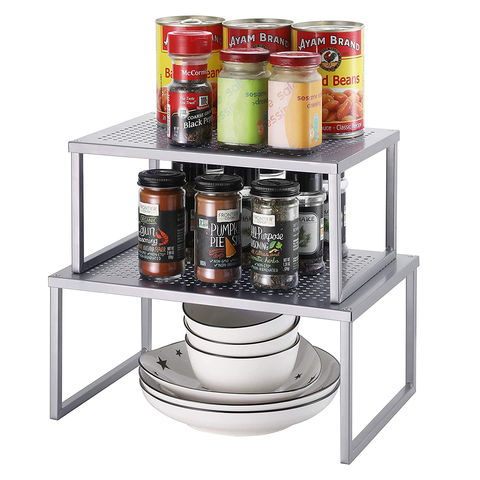 Organizador de 4 soportes para platos, estante de exhibición de metal para  gabinete, mostrador y armario, gris, 2 pequeños y 2 grandes