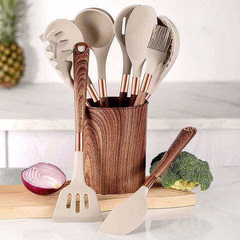 GL12876-Ensemble d'ustensiles de cuisine en bois. manche en Silicone GL12876-Ensemble d'ustensiles de cuisine en bois. manche en Silicone