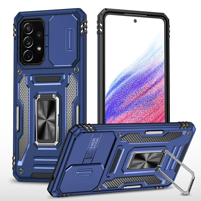 Funda Protectora Completa de Lujo con Anillo y Soporte Metálico, Cubierta Trasera Dura Híbrida con Ventana Deslizable para Samsung A53 5G