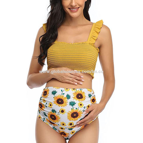 LRX Pabrik Kustomisasi Pakaian Renang Bikini Pinggang Tinggi Ibu Hamil Set Dua Potong Hem Berenda Motif Bunga Lucu for sale at factory direct price