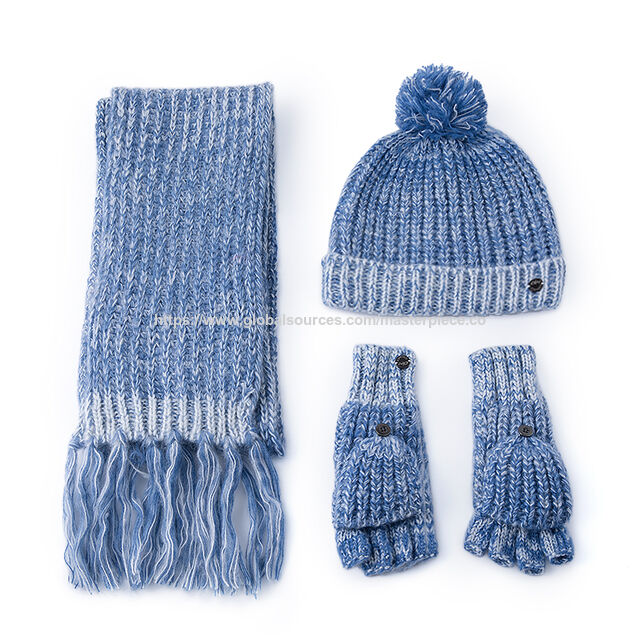 Conjunto de luvas, gorro e cachecol de algodão de alta qualidade para adultos, fio misto, multicolorido, pompons de tricô de inverno - Luvas de tricô e cachecóis de algodão for sale at factory direct price