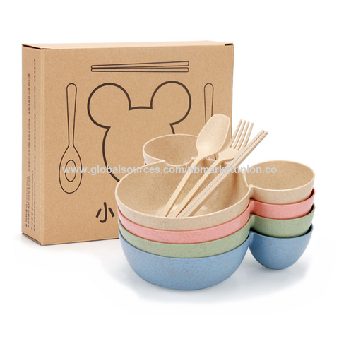Conjunto de louça infantil estilo Mickey com design de desenho animado fofo, feito de fibra de bambu natural com garfo, colher e pauzinhos - Mais vendido! for sale at factory direct price