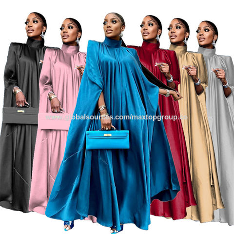 Women's Satin Tie Neck Muslim Abaya Dress Long Sleeve High Waist
