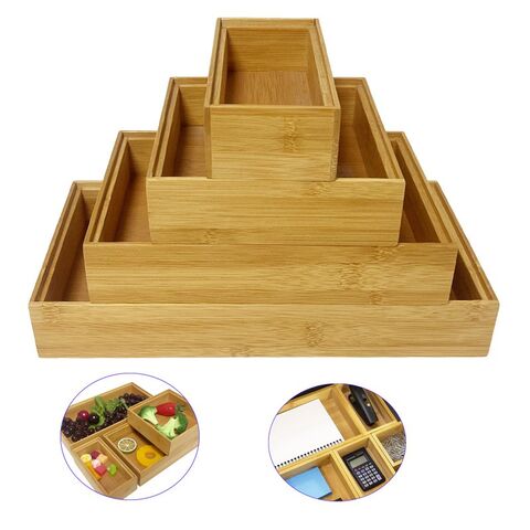 Organizador Apilable de Joyas, Caja de Almacenamiento, Contenedor de Juguetes, Bandeja de Almacenamiento de Alimentos de Madera de Bambú para Cocina y Cajones for sale at factory direct price