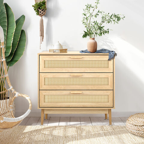 Moderne Kommode aus Holz im nordischen Stil mit Rattanschubladen, Sideboard, Aufbewahrungsschrank, Rattankommode mit 3 Schubladen