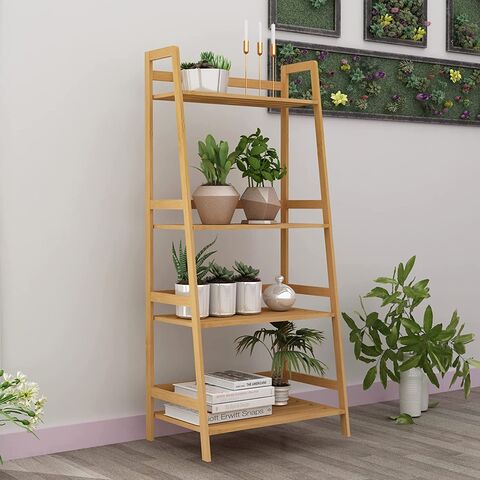 Estantería de 4 niveles multifuncional para almacenamiento y exhibición, estante de pared, escalera de madera de bambú para plantas y libros for sale at factory direct price