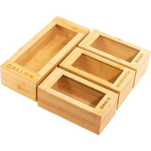 Organizador de Sacos de Armazenamento de Alimentos de Cozinha de Madeira, Bambu, Conjunto de 4 Organizadores de Sacos Ziplock para Gaveta for sale at factory direct price