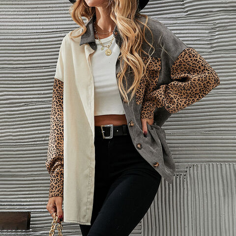 QACOHU Women's Leopard Print Color Block Long Sleeve Tunic Top | Crew Neck, Casual Blouse | Soft Cotton Blend (Khaki, M)