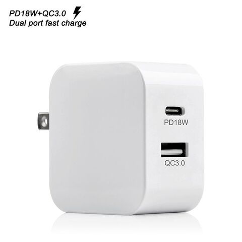 شاحن عالمي أبيض PD 18W QC3.0 بمنفذين PD من النوع C مزدوج USB C للشحن السريع للهواتف المحمولة