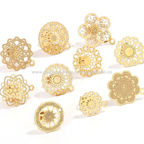 Boucles d'Oreilles à Tige avec Boucle Creuse en Acier Inoxydable 304, Base Coussin Fleur Or, Composants et Fournitures de Bijoux pour Femmes for sale at factory direct price
