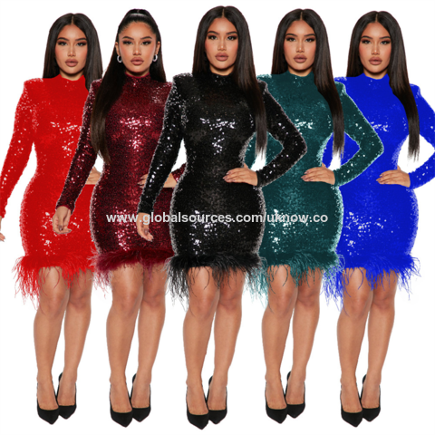 Women Sexy Feather Dress Long Sleeve Crew Neck Short Dress Patchwork Slim  Fit Mini Dress for Cocktail Party