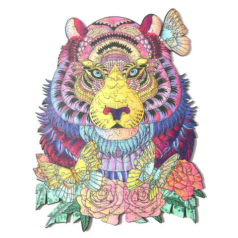 Tiger Shaped Wooden Jigsaw Puzzle For Adults – 101 Pieces, 5mm Thick, With Wood Box, 19.9x22.1 Cm