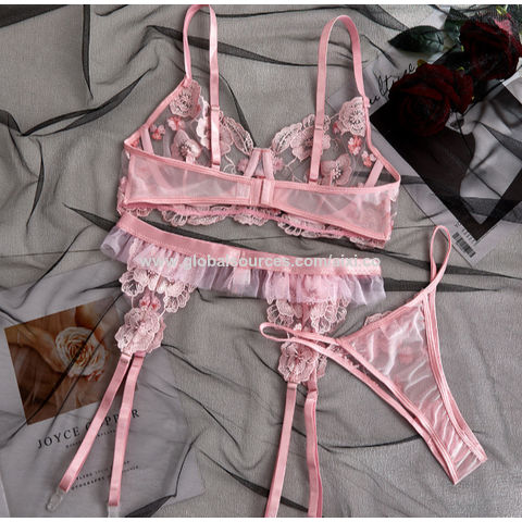 Cute pink hearts embroided mesh lingerie set, Women's Fashion, New