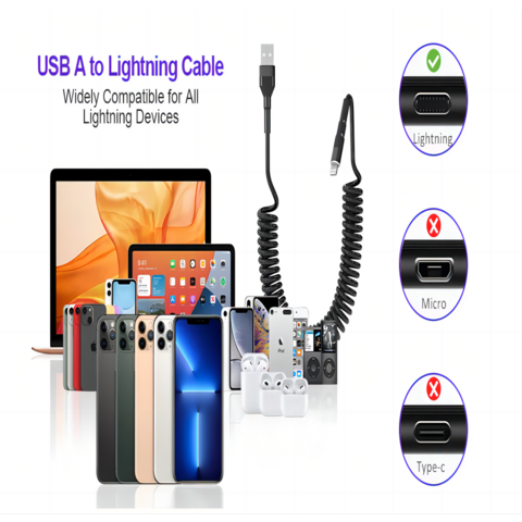 Cable Lightning en espiral para iPhone para Apple CarPlay, cable de carga  retráctil para iPhone con sincronización de datos, cable de carga corto en