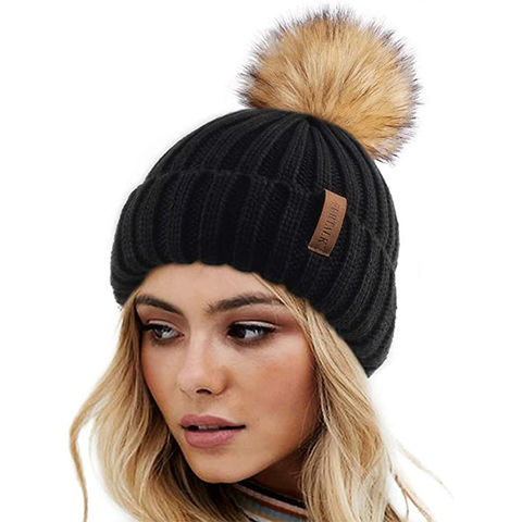 Thick Cable Knit Faux Fuzzy Fur Pom Fleece Lined Skull Cap Cuff