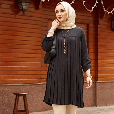 Buy Wholesale China Muslim Woman Pleated Tunic Long Sleeve Muslim Tops ...