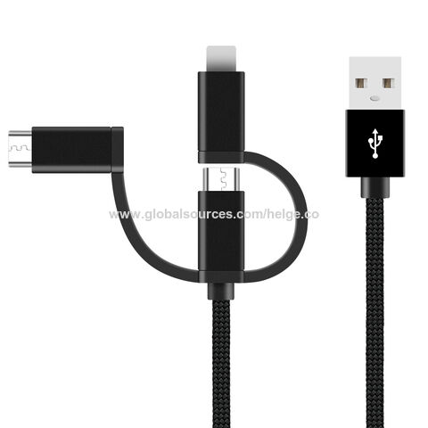 Câble Chargeur USB 3 En 1 Raviad - Lightning, Micro-USB, USB-C, 1.2m, Nylon