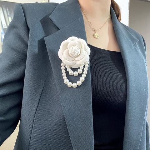 Big Flower Camellia Brooch Pins Badge Pearl Chain Tassel Women