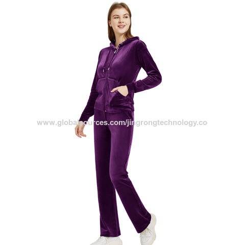 Women's Two Piece Solid Velvet Tracksuit Set Full Zipper-Up Hooded  Sweatshirts and Pants Sweatsuit Set Activewear Red/Purple