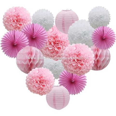 16-teiliges Rosa Partydekorations-Set: Papier-Pompons, Wabenbälle, Laternen, Seidenpapierfächer für Geburtstag, Hochzeit, Valentinstag