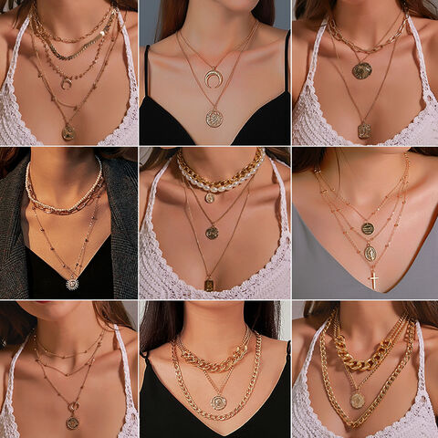 Kalung Wanita Multi Layer Trendi, Fashion Boho, dengan Bulan, Bintang, Mutiara, Salib, Rantai Logam Emas - Perhiasan Grosir for sale at factory direct price
