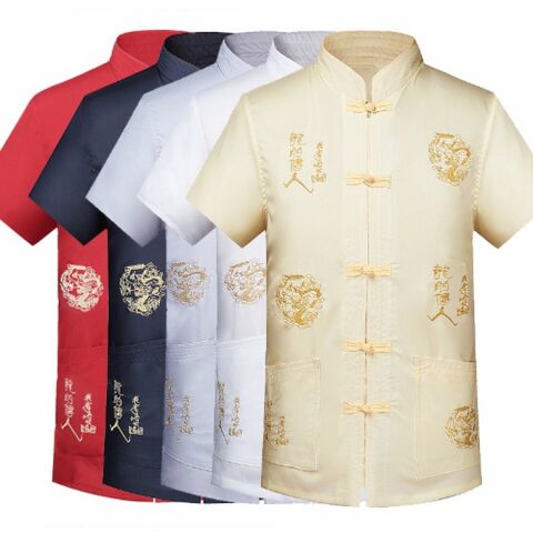 Vintage chino de cuello alto Tang traje Han tradicional ropa con botón de mano hombres camisa casual