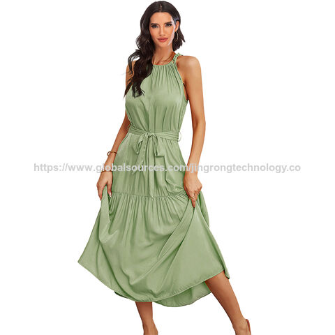 Proveedor Vestido Maxi de Mujer Sin Mangas Cinturón Suelto Verano Color Sólido Vestido Largo de Verano Estilo Popular for sale at factory direct price