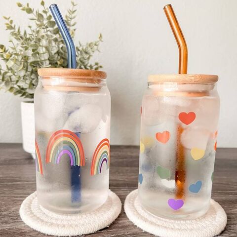 Buy Wholesale China 12oz Printing Cute Rainbow Hearts Color Changing Juice  Iced Coffee Beer Can Shaped Glass Cup With Lid And Straws & Glass Bottles  at USD 2