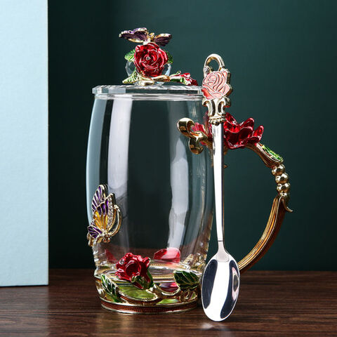 12oz Colour Water Cup Heatproof Glass Coffee Mug Tea Milk Cup with Delicate Spoon and Cover for sale at factory direct price