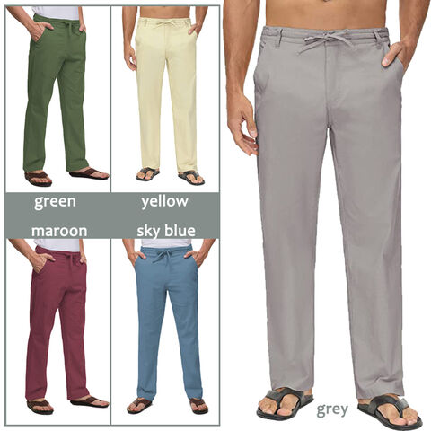 Men Linen Drawstring Pants Beach Golf Elastic Waist Spring Long Casual  Loose Summer Yoga Cotton Jogger Trousers 1