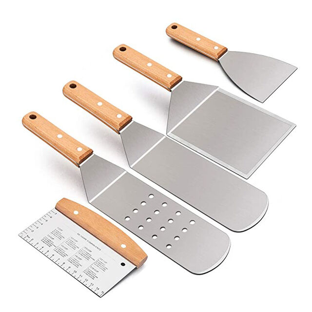 Ensemble Professionnel de Spatules - Tourne-Crêpes en Acier Inoxydable et Racloir pour Plancha, Tourne-Burger surdimensionné pour Grill BBQ