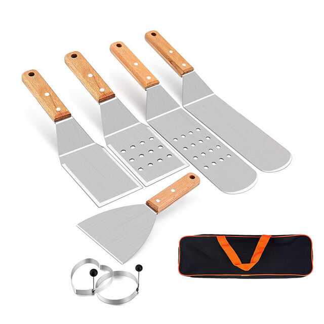 Ensemble de Spatules Métalliques en Acier Inoxydable - Spatules Teppanyaki pour Accessoires de Grill BBQ et Plancha en Fonte