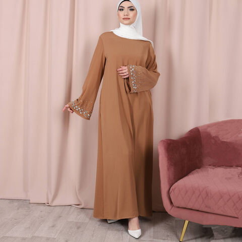 muslim long dress sale Summer Clearance Sale! Tmoyzq Womens Muslim Solid Color Long Sleeve Round Neck Plain Maxi Long Dress Islamic Kaftan Casual Full Length Dress Arabian