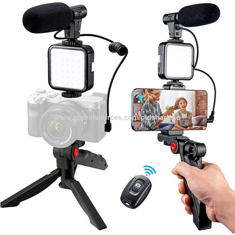 Trépied photo,Mini trépied avec Microphone et lumière LED, support de téléphone  Portable, trépied pour caméra