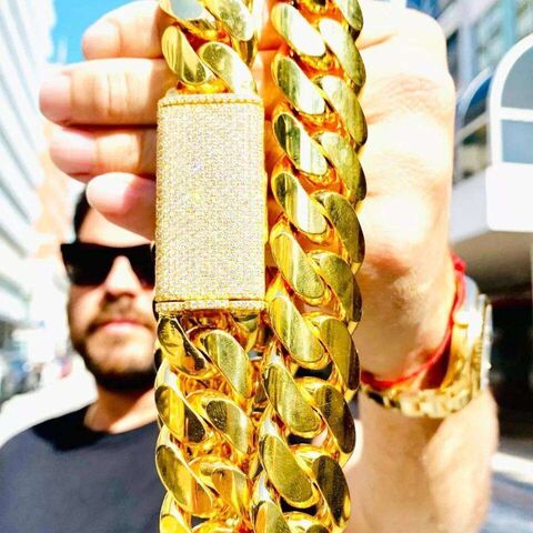 Men's Stainless Steel Miami Cuban Chain with Box Clasp 18K Gold Plated 30 Yellow
