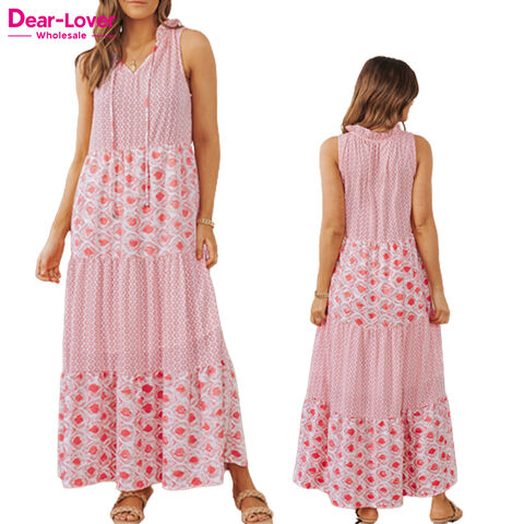 Pink Abstract Print Split Neck Sleeveless Maxi Dress