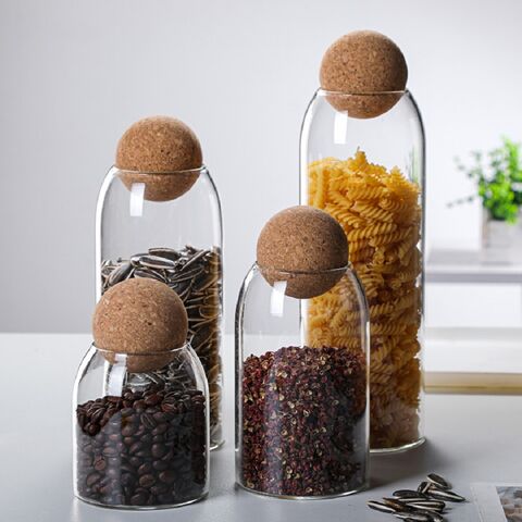 Set of 3 Tea Coffee Sugar Canisters Cork Ball Glass Jars
