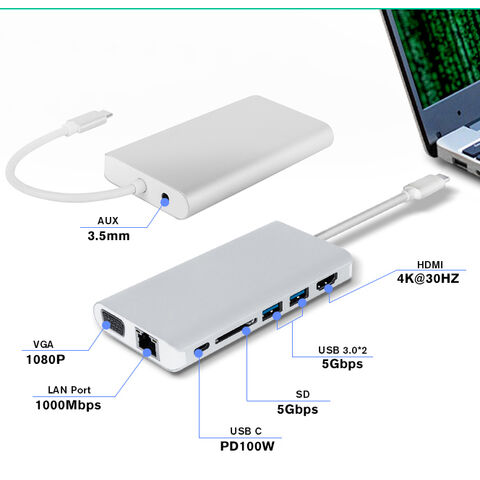 Adaptateur USB C HUB 8 en 1 vers VGA, HDMI 4K, Ethernet RJ45, Port Type C  PD, 2 x USB 3.0 et Lecteur de Carte SD/TF