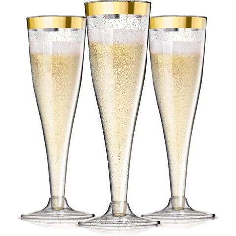 Dd1092 Reusable Plastic Flutes Wine Goblets Gold Rim Party Cocktail ...