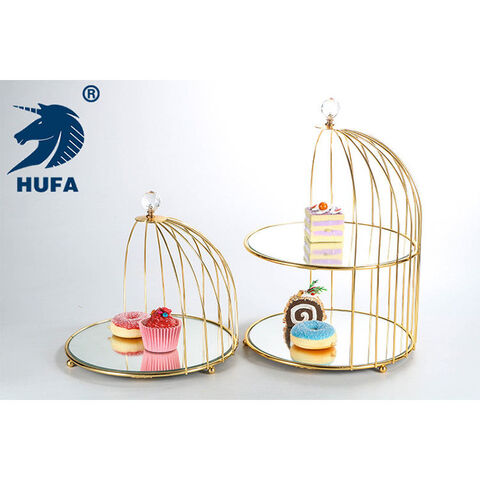 HUFA Wholesale 2 Tiers Serving Tray Metal Bird Cage Wedding Cake Stand Catering Food Stand Sliver Cake Tools Stainless Steel for sale at factory direct price