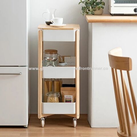 Estante de Almacenamiento Multifuncional con Ruedas, Patas de Madera y Estantes de Metal, Organizador para Oficina, Hogar, Baño y Cocina for sale at factory direct price