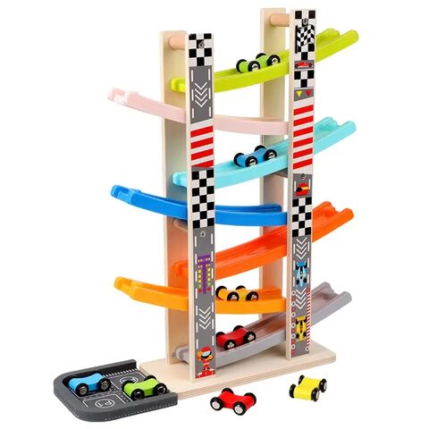 Juguete de rampa para coche para regalos de niño de 1 2 3 años, juguete de  pista de carreras para niños pequeños con 4 coches de madera y garaje para  3 coches