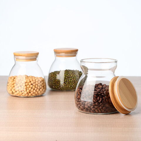 Juego de 3 Tarros de Vidrio Herméticos con Tapas de Bambú y Cucharas de Bambú - Botes Decorativos y Duraderos de Vidrio Borosilicato de 500 ml para Café for sale at factory direct price