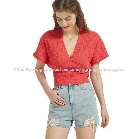 Günstige Damen Kurzarm Blusen Tops Locker V-Ausschnitt Casual Uni Tops im Großhandel