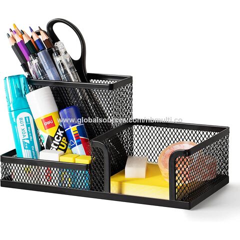 Organizador de Mesa em Malha de Aço com Porta-Lápis e Cestos de Armazenamento para Acessórios de Escritório, 3 Compartimentos, Preto - Material de Escritório no Atacado
