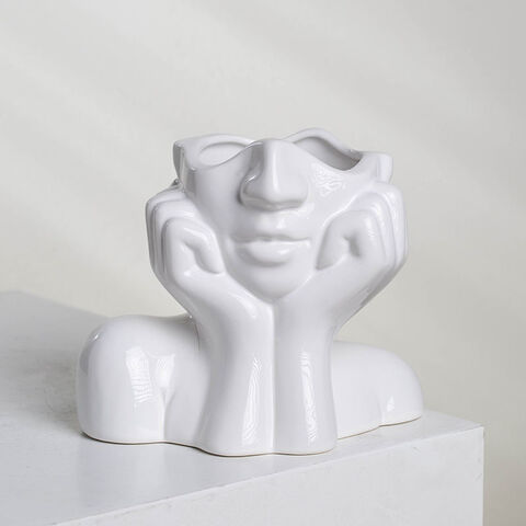 Ceramic Human Face Flower Vase Abstract Art Sculpture Head Plant