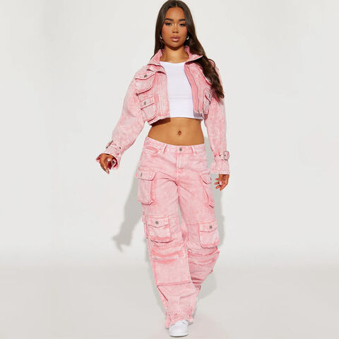 Pink Denim Jacket & Pants Two Piece Set