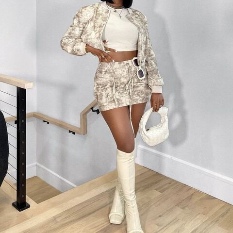 Streetwear fall spring ladies printed cropped bomber jacket top and mini cargo skirt sets women 2 piece outfits for sale at factory direct price